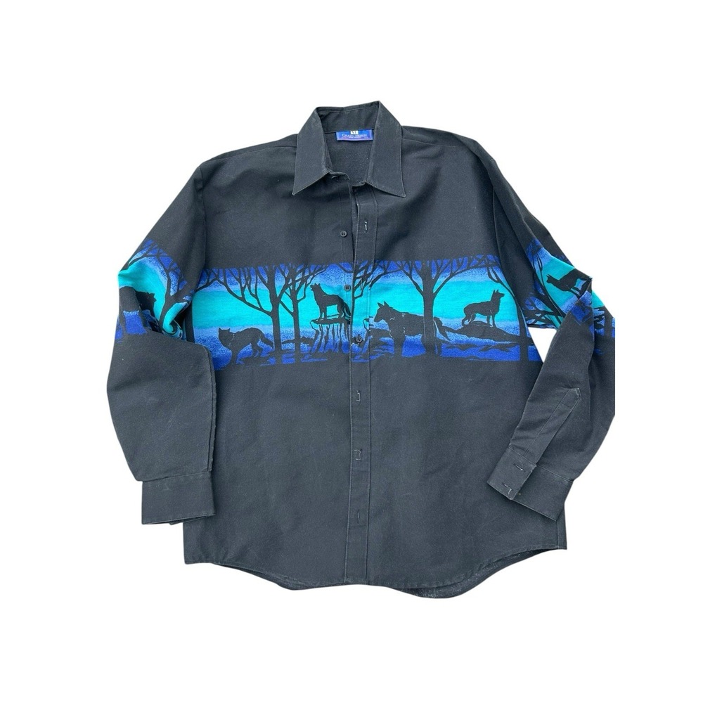 Men's Crazy Horse Vintage Wolf Graphic Print Button-Up XL Faded Black Neon 90s